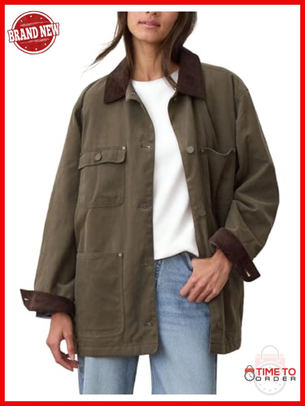Oversized Utility Cotton Coat Corduroy Collar Vintage Workwear Jacket with - Picture 1 of 6